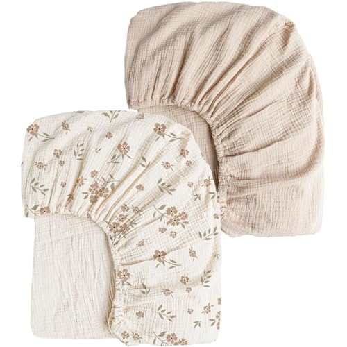 Image of Konssy Muslin Crib Sheets for Girl Boy, 2 PCS Soft and Breathable Cotton Baby Sheets for Standard Crib Mattress, 52 inchx 28 inch (Blossom, Cream)