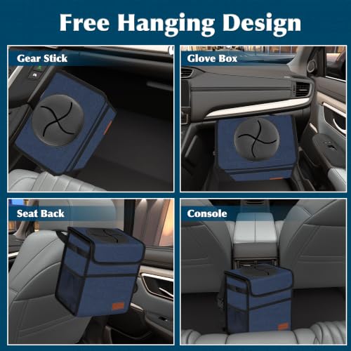 Image of Femuar Leak Proof Car Trash Can with Lid, Collapsible Hanging Waterproof Car Trash Bag with Mesh Pocket for SUV Front Seat Headrest, Dark Blue