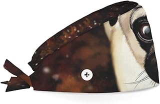 Bouffant Scrub Caps Printed Working Surgical Cap Pug Dog Nurse Hats with Buttons and Sweatband Adjustable Tie Back Hat for Women Men Multi Color