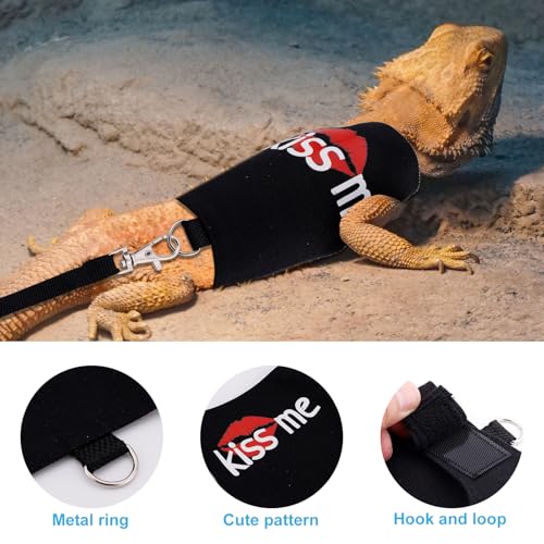Image of Bearded Dragon Leash and Harness Set, Cute Adjustable Lizard Reptile Harness Costume Clothes with Short Leash for Small Pets Animal Amphibians Chameleons Accessories Outdoor Walking (Style B, Black)