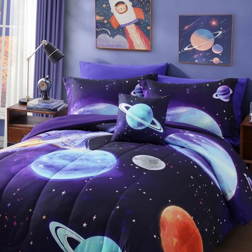 Kids Comforter Set Full Size for Boys, Rocket Bedding Sets, 4 Pieces Bed in A Bag with 1 Comforter, 1 Decor Pillow, 2 Pillow Shams