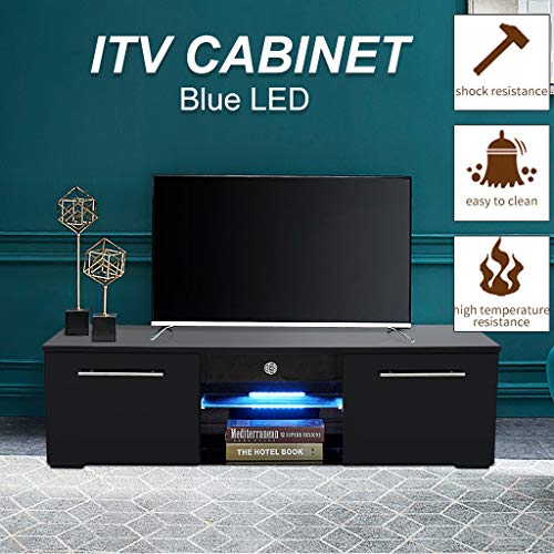 【US-in-Stock】 Modern LED TV Stand with LED Lights Glass Frame, TV Cabinet Television Media Storage Console Table with 2 Drawers Shelves, Living Room Furniture (White, 51.2×13.8×17.7 inch)