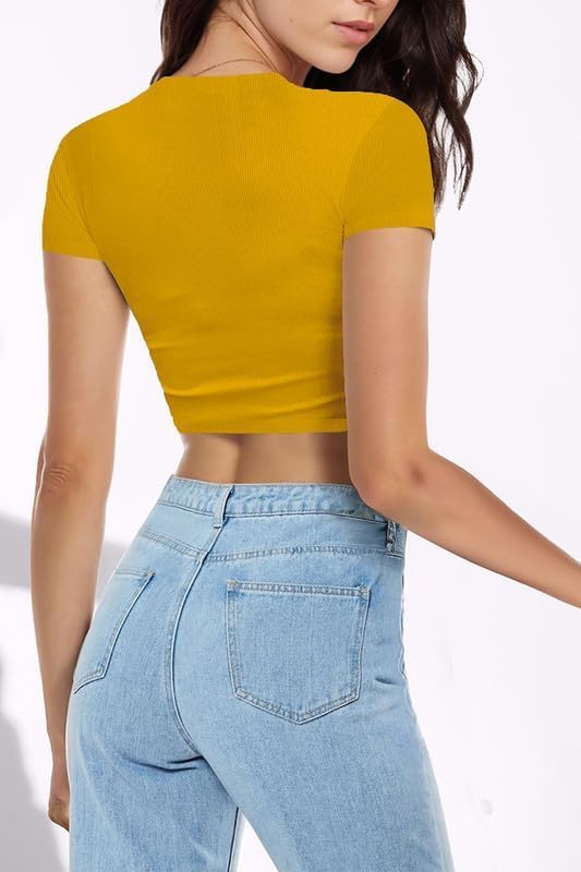 Allimy Womens Summer Short Sleeve Slim Fitted Tshirt Round Neck Ribbed Crop Tops - Image 5
