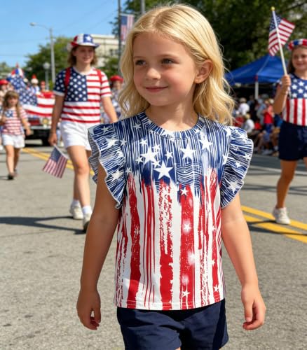 Image of Tkria Girls 4th of July Tank Tops Red White and Blue Shirt Toddler Girl American Flag Patriotic Outfit 2-7 Years