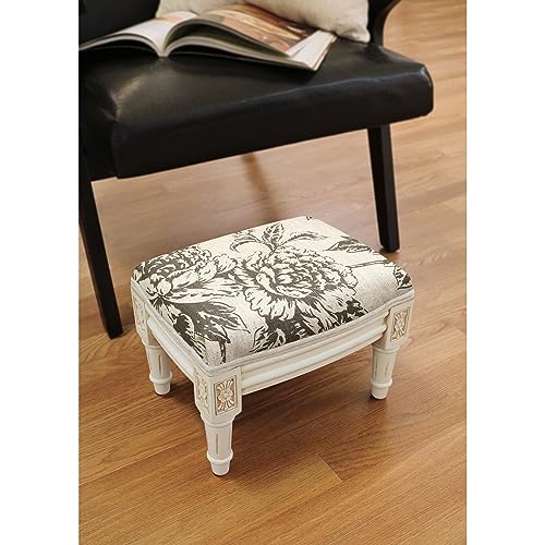 123 Creations Grey Peony Footstool with Antique White Finish