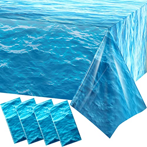 Image of Irenare 4 Pieces Ocean Plastic Tablecloth 54 x 108 Inch Blue | Water Waves Print, Disposable Table Cover for Under the Sea Theme Decoration Beach Pool Party, Birthday Baby Shower Supplies