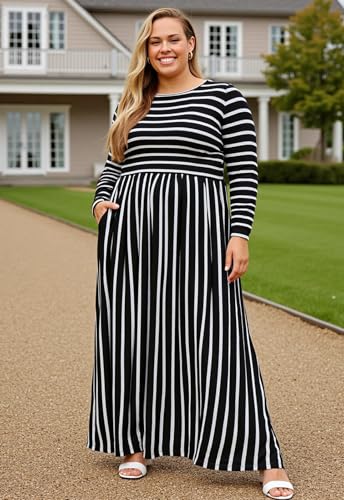 Image of Nemidor Plus Size Maxi Dress for Curvy Women Fall Casual Loose Long Sleeve Dresses with Pocket 14-26