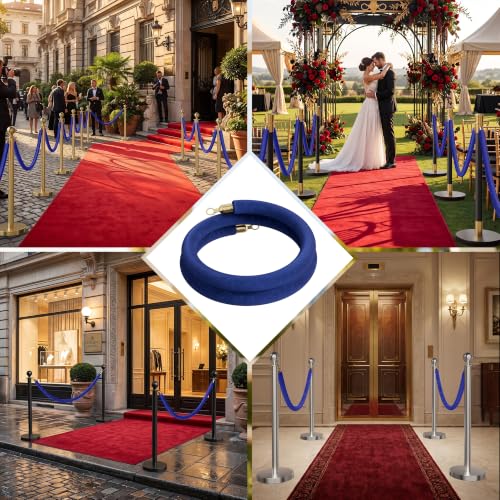 Image of 2PCS Blue Velvet Stanchion Ropes 5 Ft Crowd Control Ropes Barrier with Gold Hooks for Party Supplies,Photobooth Accessories, Prom,Birthday,Business,Wedding, Museums