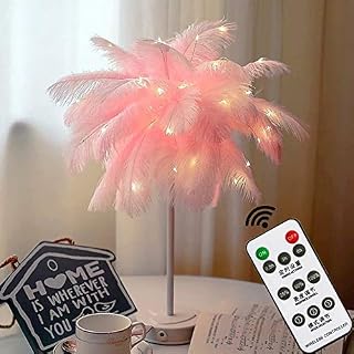 GUOCHENG Ostrich Feather Decor Night Light LED Copper String Light Signs Decorative Table Lamps with Remote Control for Nursery Girls Bedroom,USB and Battery Power(Pink)