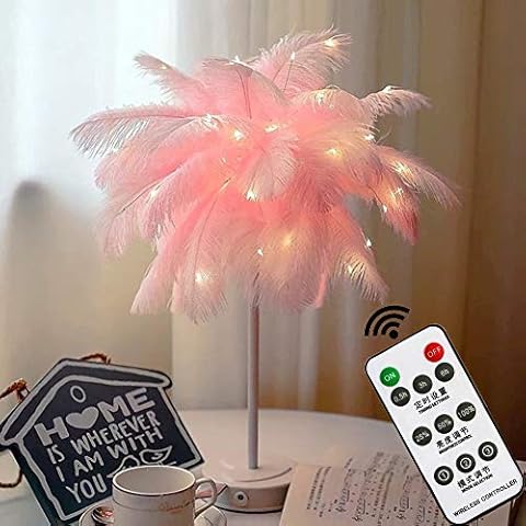 GUOCHENG Ostrich Feather Decor Night Light LED Copper String Light Signs Decorative Table Lamps with Remote Control for Nursery Girls Bedroom,USB and Battery Power(Pink) Cover