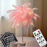 GUOCHENG Ostrich Feather Night Light LED Decorative Atmosphere Light with Feathers, Remote Control Feather Beside Table lamp for Nursery Girls Bedroom Living Room Wedding (Pink)