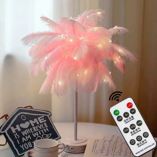 GUOCHENG Lámpara de noche de decoración de plumas de avestruz con luces LED de cobre, luces de mesa decorativas con control remoto para guardería, dormitorio, USB y alimentación de batería (rosa) Cover