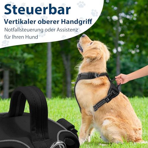 Funfox Hundegeschirr Mittelgroße Hunde [M] - Verstellbares Anti-Zug Brustgeschirr mit Griff & Reflektorstreifen, Atmungsaktives No Pull Hundegeschirr für Grosse/Kleine Hunde Outdoor Schwarz