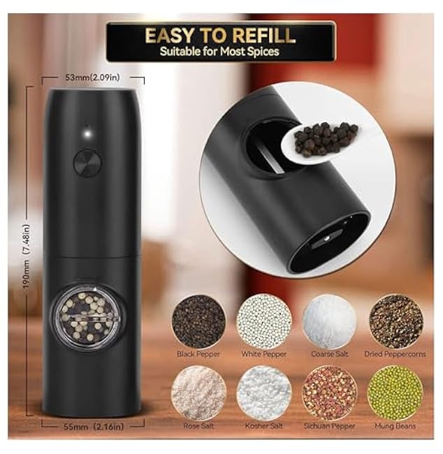 Electric Salt Pepper Grinder Set, Rechargeable Automatic Pepper Mill with LED Light, Adjustable Coarseness, USB Charging