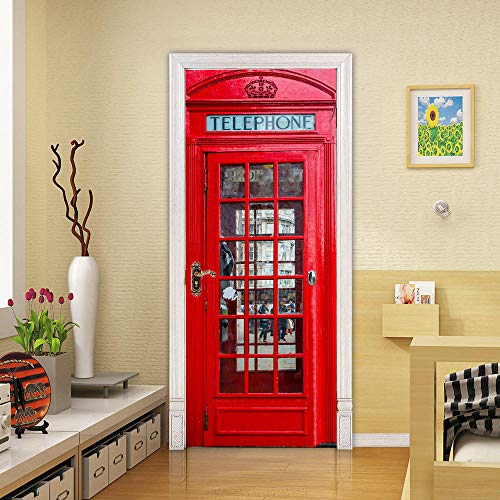 3D Autocollant Porte Cabine Téléphonique Rouge Sticker de Porte PVC Papier Peint Mural Amovible pour Salon Cuisine Chambre Salle de Bain Décoration 77cm*200cm Cover