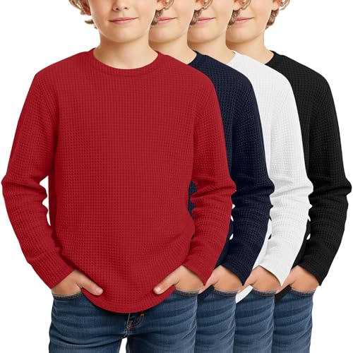 Image of 4 Pack Boys Long Sleeve Waffle Shirts | School Sweaters for Boys, Waffle Knit Thermal Shirts, Crewneck Thermal Casual Tops, Fall, Winter, Kids Clothes for 5-14 Y