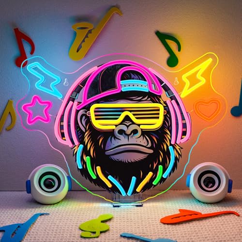 Image of Music Gorilla LED Neon Sign Headphone Monkey Light for Game Wall Decoration | 16.59IN*11.8IN,Five level brightness adjustment,USB power,For Bar,Club,Pub,Men Cave,Living room,Bedroom,Restaurant,Party