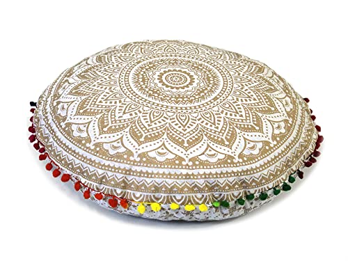 Round Mandala Floor Pillow Cover Seating Cushion Throw Cover Hippie Decorative Bohemian Ottoman Pouf Cover, Pom Pom Pillow Cases,Boho Indian 22 Inches (White Gold) #TOP15
