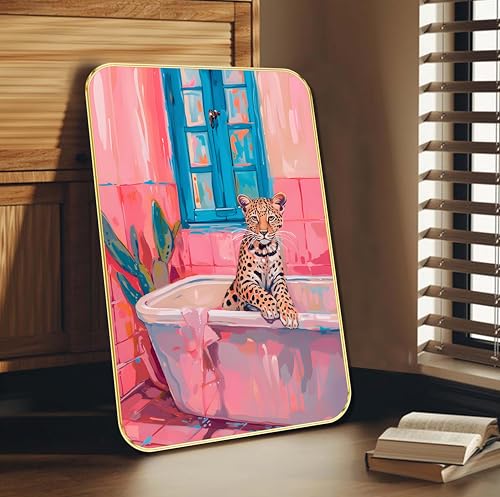 Image of Livin'luxe Bold Leopard in Bathtub Wall Art | Quirky Pink Bathroom Scene with Blue Window | HD Artistic Print with Golden Frame | Funky Animal Art for Living Room (13 x 19 Inch) MG01-885