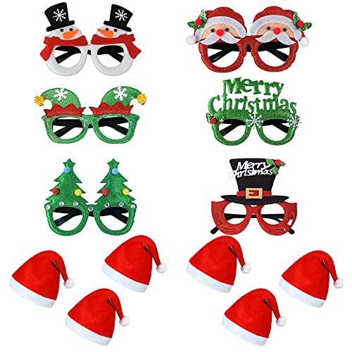 12 Pcs Christmas Glitter Party Glasses hat set Novelty Xmas Fancy Dress Party Glasses Decoration Frames Christmas photo props for Kids Adults for Christmas New Year Festive Holiday Party Supplies