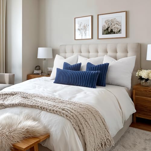 Image of MIULEE Faux Fur Decorative Throw Pillow Covers 18x18 Set of 2 Navy Blue | Coastal Modern Art Home Decor Soft Plush Couch Pillows Cozy Fluffy Cushion Covers for Sofa Bed Living Room