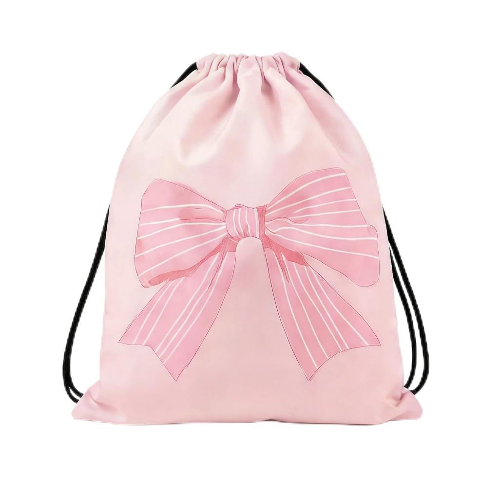 Pink Bow Drawstring Bag, Large Capacity Sports String Backpack, Cute Pink Gym Bag for Women Girls School Hiking Travel Fitness Picnic