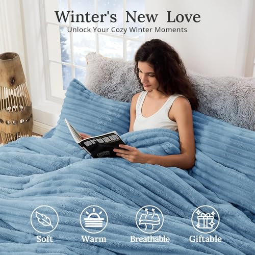 Image of Sasttie King Comforter Set 3 Pieces - Super Soft Fleece Comforters King Size, 1 Luxury Warm Fuzzy Marshmallow Comforter with 2 Pillow Cases, Faux Fur Down Alternative Bedding Set, Greyish Blue