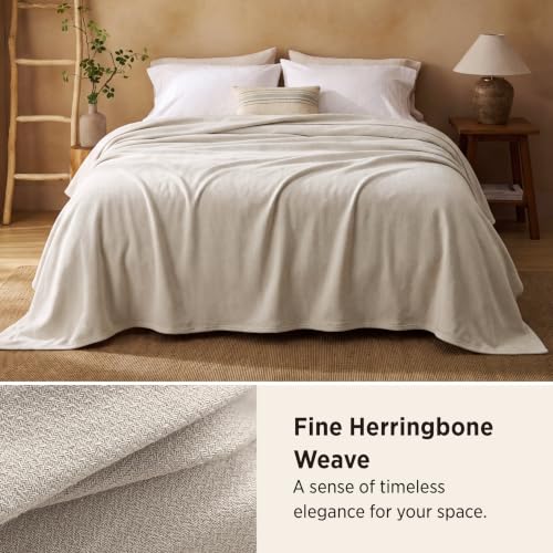 Image of Bedsure 100% Cotton Blanket, Herringbone Weave, Queen Size, Linen Beige