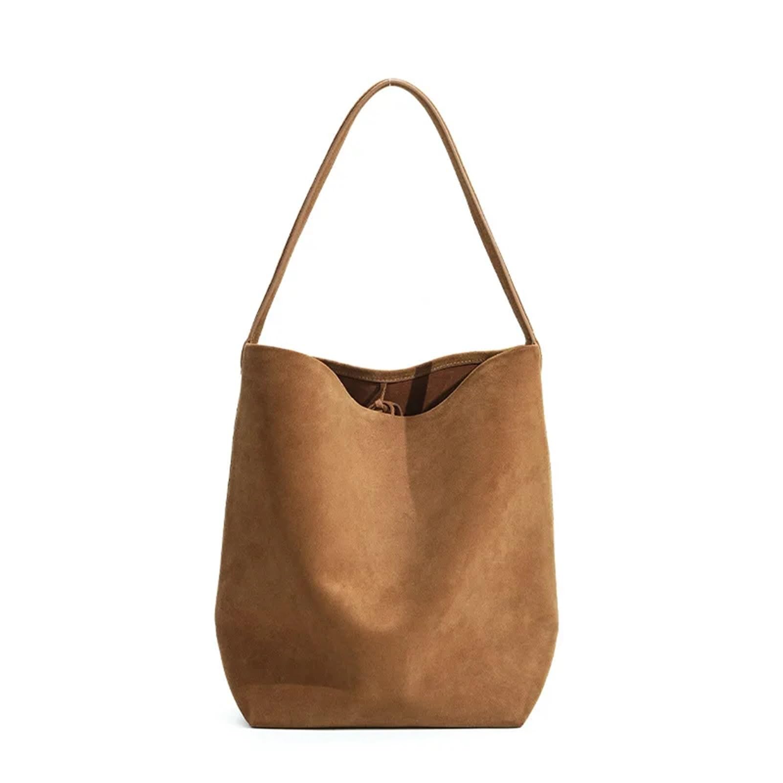 Borsa a tracolla da pendolare in pelle scamosciata donna a secchiello in di grande capacità(Caramel,34-16-24cm)