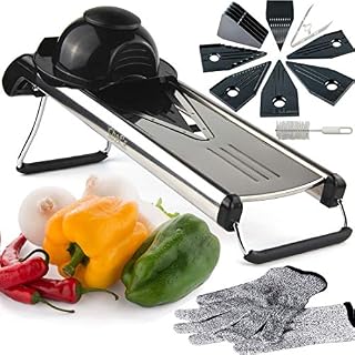 Premium V-Blade Mandolin Slicer, Cutter, Julienne and Food Grater. Best for Slicing Onions, Potatoes, Tomatoes and Vegetables. Includes 6 Inserts, Cleaning Brush and Cut Proof Gloves. Stainless Steel