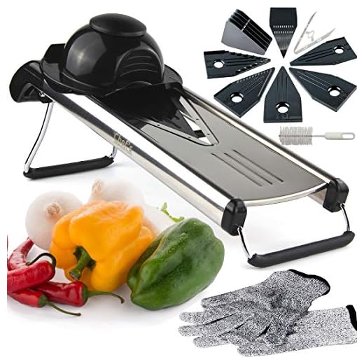 Cortador Chef Inspirations con forma de mandolina y cuchilla en V, prémium, corta en juliana y rallaIdeal para cortar alimentos, frutas y verduras.Incluye 6 insertos y cepillo de limpieza