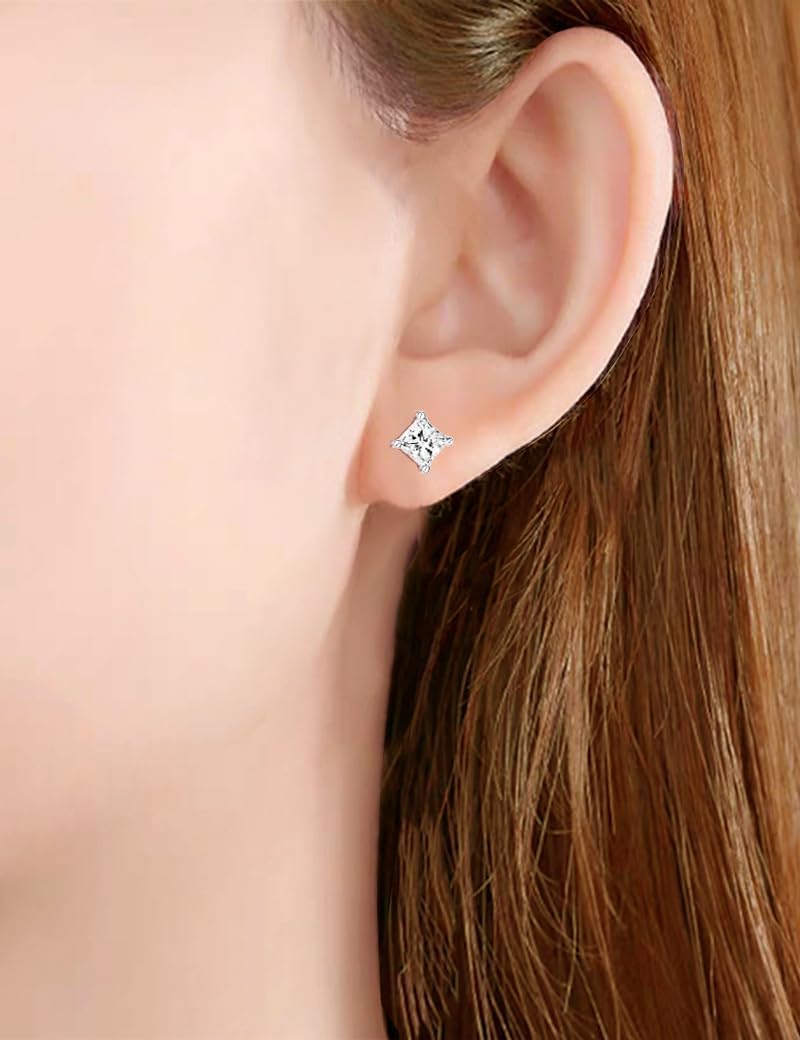 925 Sterling Silver Square Earrings 18K White Gold Plated Cubic Zirconia Stud Earrings for Women - Image 3
