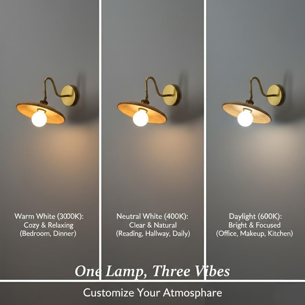 Wall Light, Gold Wood Wall Sconce, Rotatable Rubber Wood Wall Lamp for Bedroom, Living Room, Hallway, Office, Entryway, Corridor, Foyer, Japanese Bedside Fixture, Loft, Study Nook Parlor(Large)
