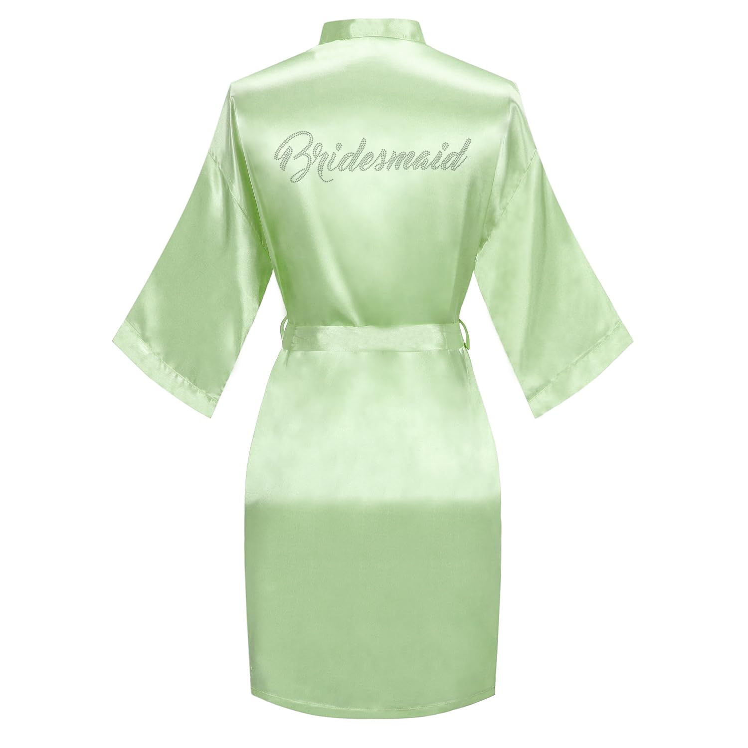 Women's Satin Robe Bride Bridesmaid Short Kimono Robes with Silver Rhinestones for Wedding Party Getting Ready