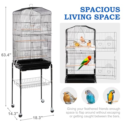 SUPER DEAL 59.3 Rolling Bird Cage Large Wrought Iron Cage for Cockatiel Sun Conure Parakeet Finch Budgie Lovebird Canary Medium Pet House with Rolling Stand & Storage Shelf - Image 3