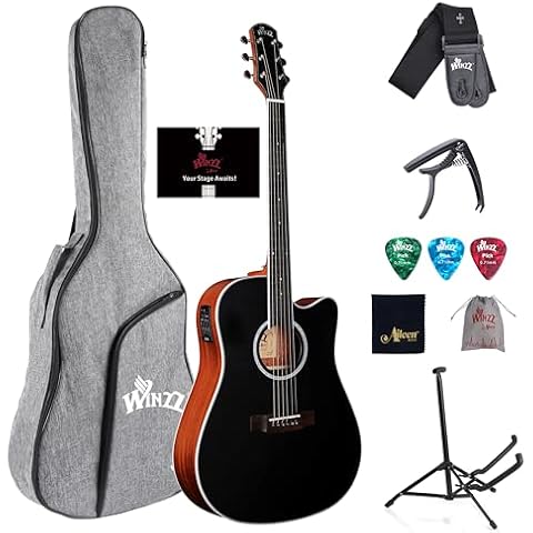 Winzz 41 inch Solid Spruce Acoustic Guitar with Three Pieces reinforced Okoume Neck (Black - Electric) Cover