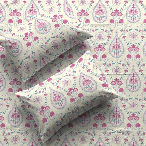 Image of Urban Space Serene 200 TC 100% Cotton Bedsheet for King Bed, Cotton King Bedsheet with 2 Pillow Covers Floral(Persian-Courtyard Pink, Size 108 x 108 inches)