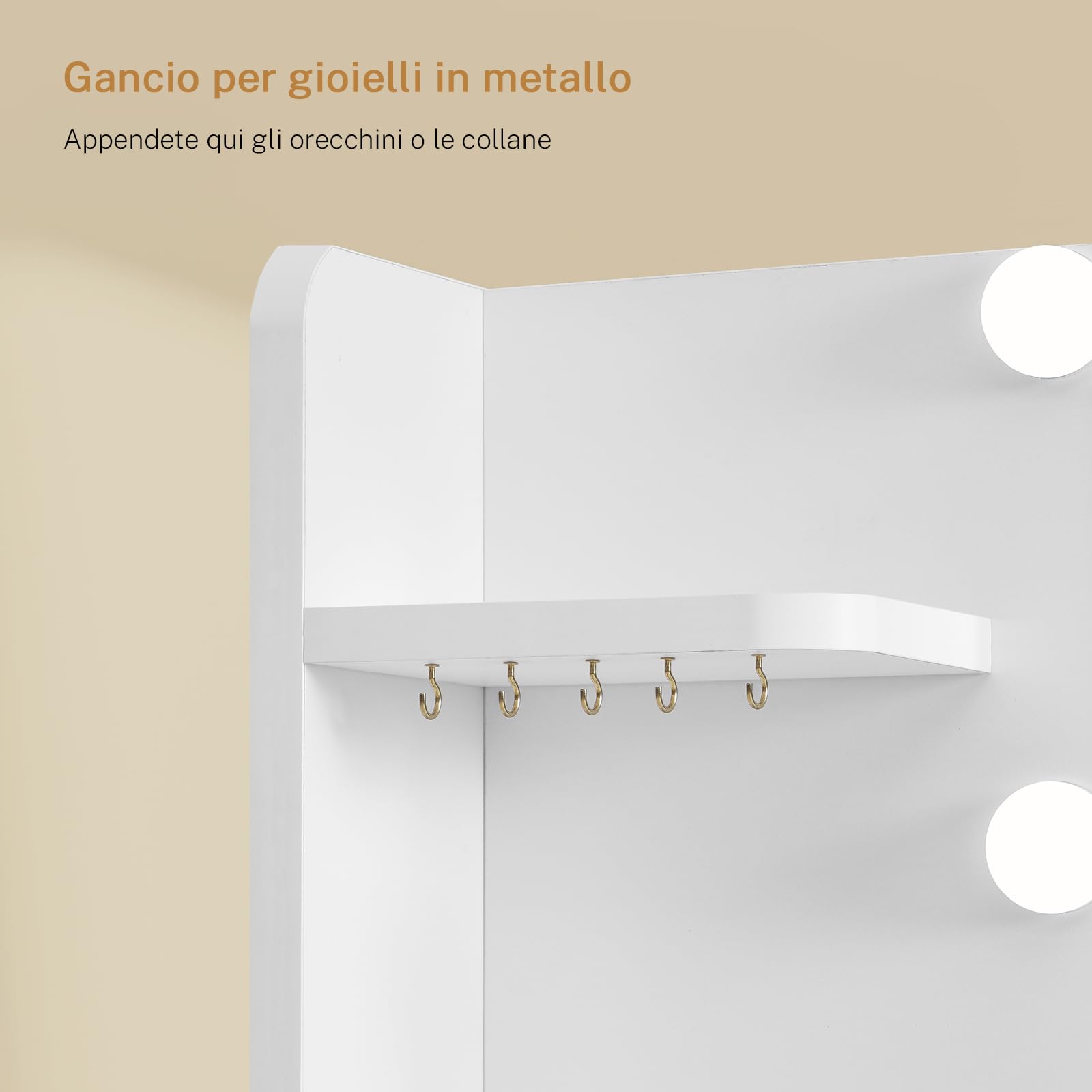 TEENFON Toeletta Trucco con Specchio, 3 con Luminosità Regolabile, Postazione Trucco con 4 Ripiani Apert, Bianco,Presa, 4 Cassetti, 5 Ganci per Gioielli