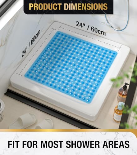 Image of HITSLAM Shower Mat Anti Slip, Square Bath Mat for Tub Non Slip with Suction Cups and Drain Holes, 24x24 Inch Bathroom Shower Stall Floor Mat, Machine Washable, Soft on Feet, Blue
