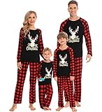 SWOMOG Matching Family Christmas Pajamas Printed Long Sleeve Tee and Plaid Pants Loungewear