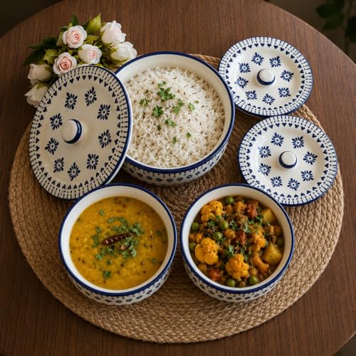 Image of Niyara Premium Handcrafted Ceramic Casserole /Donga Set with Lids - Ideal for Serving Hot Food - Microwave & Dishwasher Safe, Set of 3, Sizes: 1000ML, 650ML, 550ML (Blue Berry)