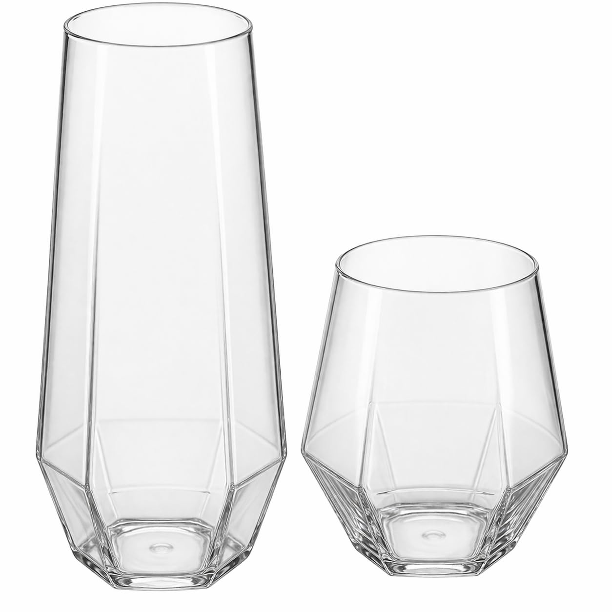 Oojami 48 Pack Diamond Clear Unbreakable Stemless Plastic Glasses 24 9oz Stemless Champagne Flutes & 24 12oz Cups BPA-Free, Disposable, Shatterproof