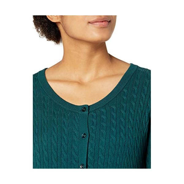 Amazon-Essentials-Womens-Lightweight-Cable-Long-sleeve-Crewneck-Cardigan-Sweater Amazon Essentials Women's Lightweight Cable Long-Sleeve Crewneck Cardigan Sweater, Forest Green, Medium