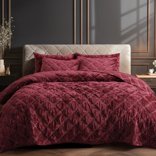 PHF Luxury Velvet Quilt Set King Size, Lightweight Velvet Comforter, Ultra Soft Cross Stich Quilted Bedding Set, Home Decor Bedspread 108