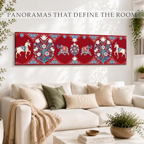 Image of Mughal folk Art Vibe Flower Canvas Wall Art Painting For Living Room, Mughal-Inspired Elephant & Horse Painting Red Traditional Floral Ethnic Wall Art For Home & Office Decor - 13x47 Inch