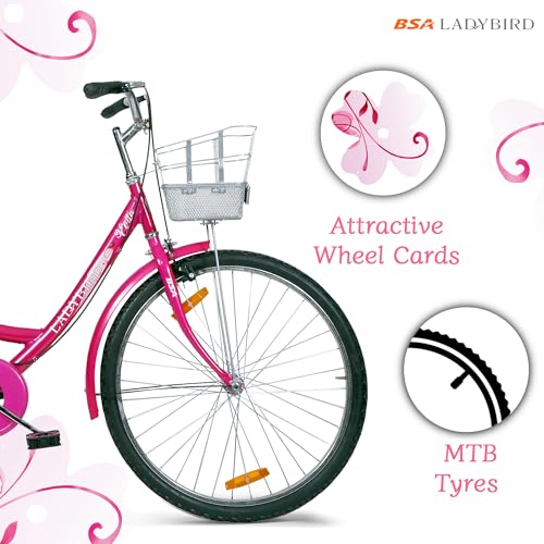 Image of BSA LADYBIRD Evita Cycle for Girls 10 to 15 Years | 2 Years Warranty | 26T Bicycle for Girls and Women with Front Basket & Integrated Carrier, 90% Assembled & Durable Rigid Frame Cycle (Pink)