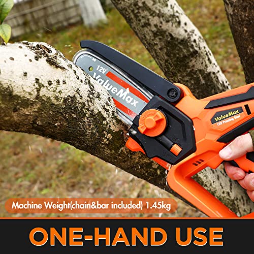 ValueMax Mini Akku Kettensäge 12V, 11CM/4 Zoll kleine Kettensäge mit 2 x 2,0 Ah Akku und Ladegerät inkl. Sicherheitsschloss Einhand Kettensäge Akku Handkettensäge für Bäume, Astwälder – Bild 4