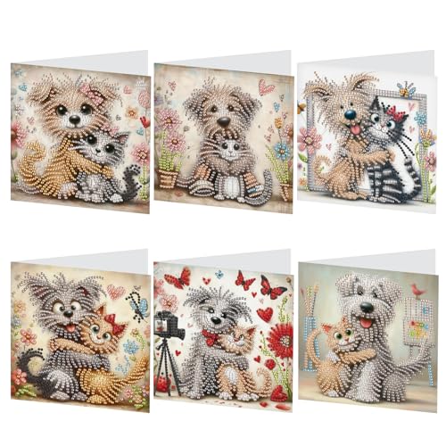Image of 6 Pcs 5D Diamond Painting Greeting Cards Kits, Handmade Festival Greeting Cards with Envelopes DIY Diamond Art Crafts Birthday Cards Laser Effect for Birthdays Holidays Celebrations (Cat Dog Cuddling)