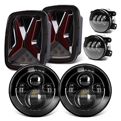 Image of LX-LIGHT Compatible with Jeep Wrangler TJ LJ, Black 7 inch LED Headlights + Black 4 inch Fog Lights + Smoke Lens X Shape LED Tail Lights