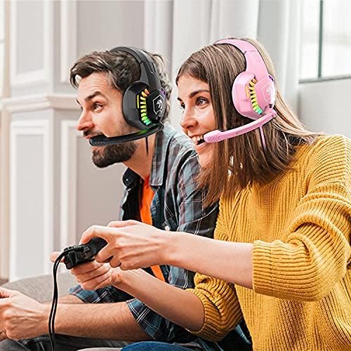 AJAZZ PC Headset, Gaming Headphones with Mic, Usb Gaming Headset Ps4, Backlit LED Headset 3D Surround Sound Noise Canceling Mic, RGB Wired Deep Bass Headset, for PS5, Laptop, Nintendo Switch (Pink)